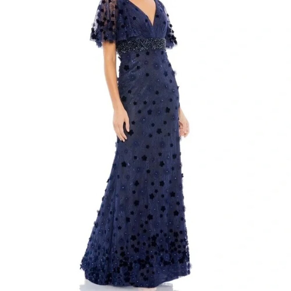 New Mac Duggal 67712 EMBELLISHED Blue Floral Appliqué Flutter Sleeve 14